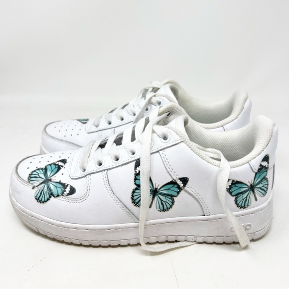 DRIP CREATIONZ WHITE SNEAKERS WITH BLUE BUTTERFLIES CUSTOM SZ Y4.5/W6 - Picture 3 of 6